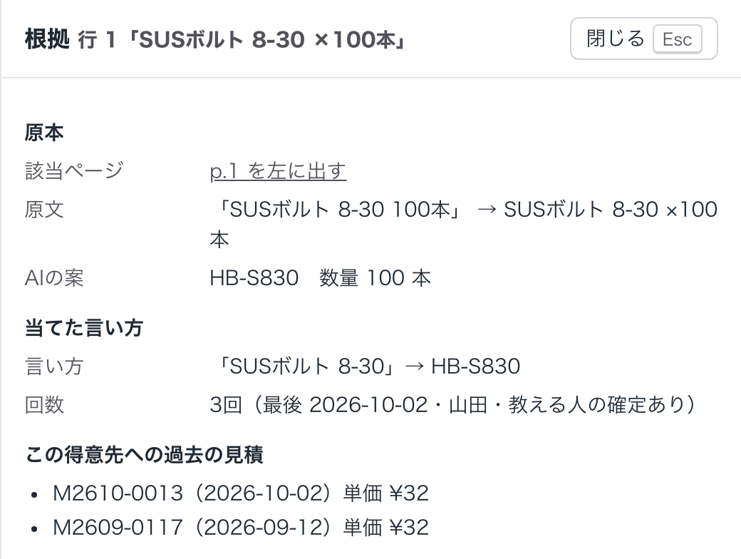 根拠の欄。当てた言い方と品番、当てた回数